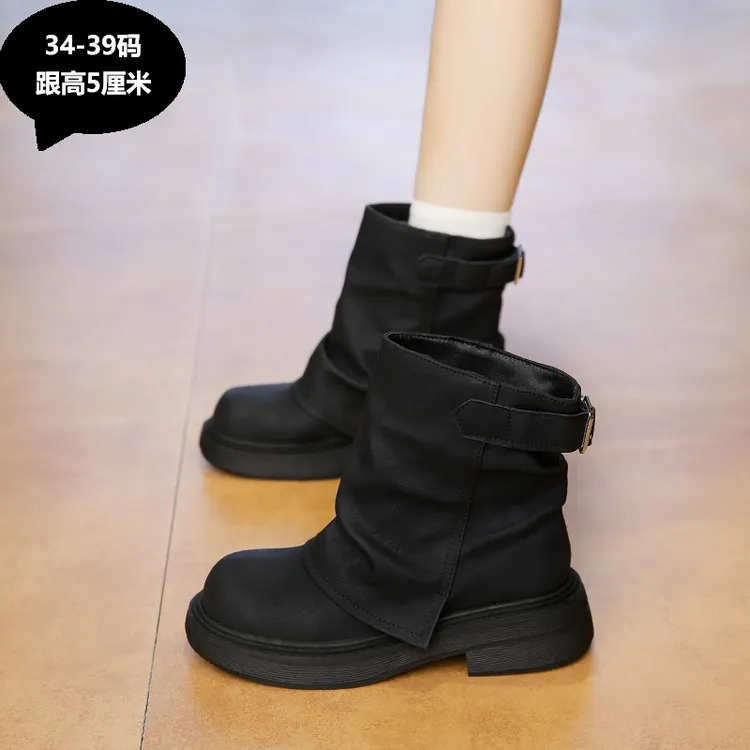 厚底中筒韩版单靴女靴中跟时装靴英伦风百搭裤管堆堆马丁靴子女款
