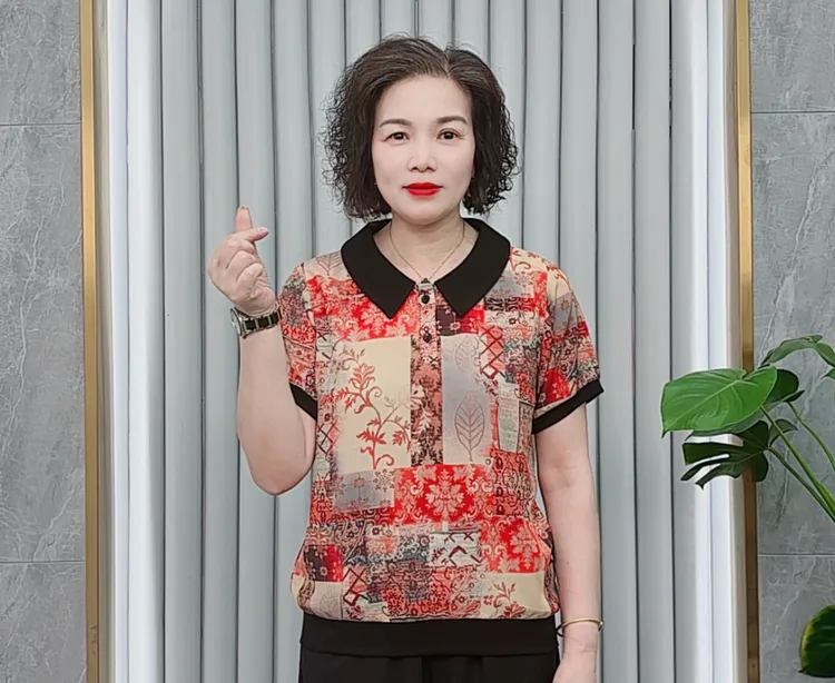 夏季新款时尚洋气翻领复古提花气质妈妈装宽松休闲短袖薄款上衣女