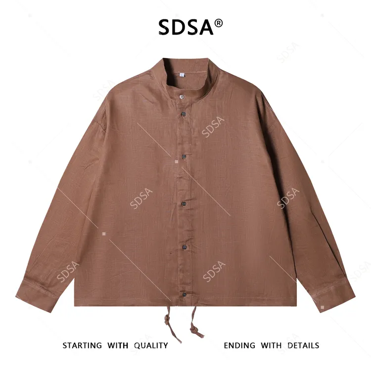 SDSA男士秋冬新款痞帅男装老钱风纯色纽扣半高领拉绳长袖衬衫时尚