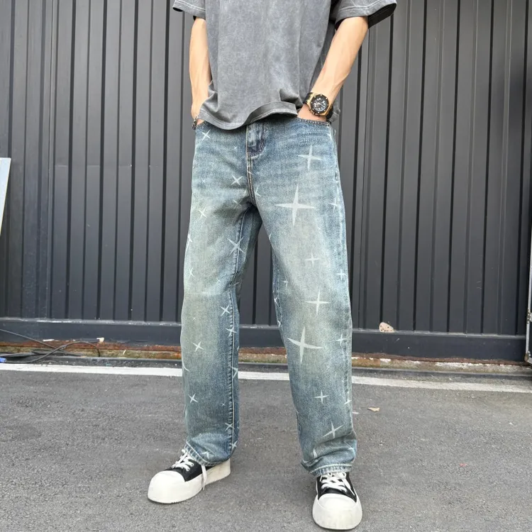复古水洗渐变牛仔裤潮流宽松2025直筒裤个秋冬复古水洗男士直筒裤