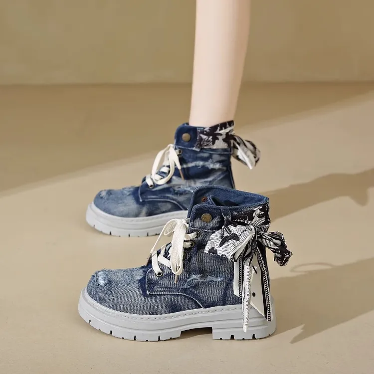 【JTG&SHOES 官方】厚底马丁靴女2025秋季做旧牛仔布短靴复古英伦风