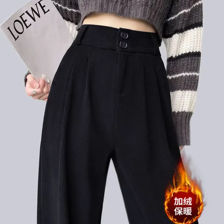 欧棉绒阔腿裤女秋冬季高腰垂感直筒显瘦秋冬加绒小个子西装休闲裤