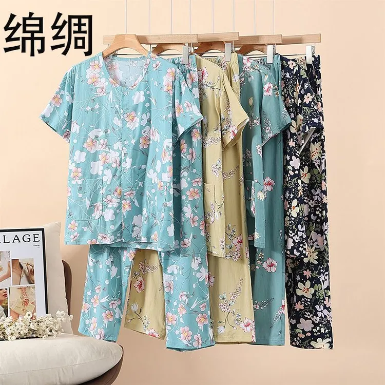 奶奶装夏季套装宽松老人棉绸上衣服中老年人夏装女妈妈短袖两件套