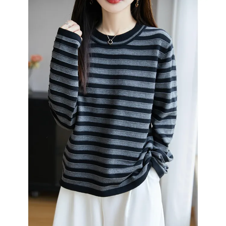 秋冬纯棉条纹针织衫女圆领宽松大码打底衫慵懒风长袖上衣显瘦毛衣