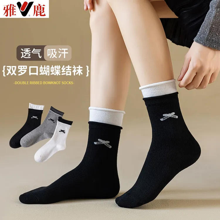 V/雅鹿秋冬季女新款网红双螺口刺绣蝴蝶结高筒潮袜ins日系白袜子