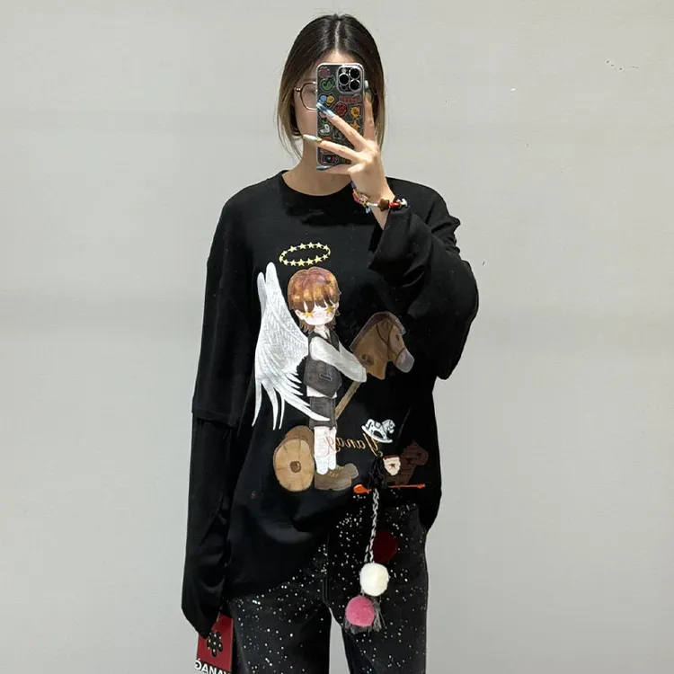 【现货】YANAG 26春设计师新款骑木马的小天使假两件长袖T恤