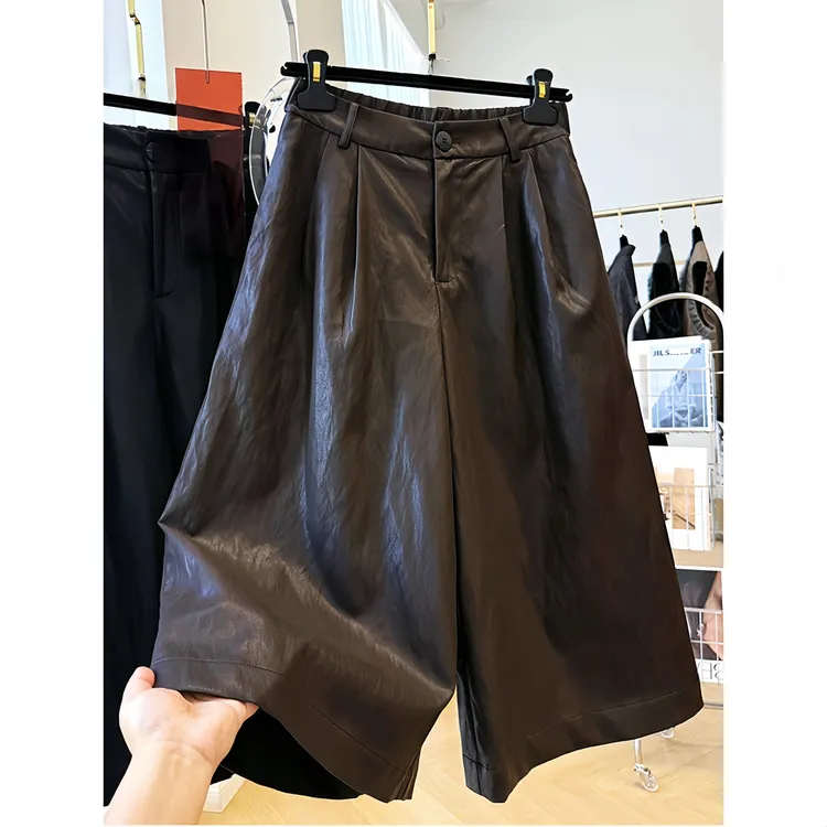 高级感巨好看的松紧腰A字宽松阔腿裤女秋季复古休闲七分裤pu皮裤