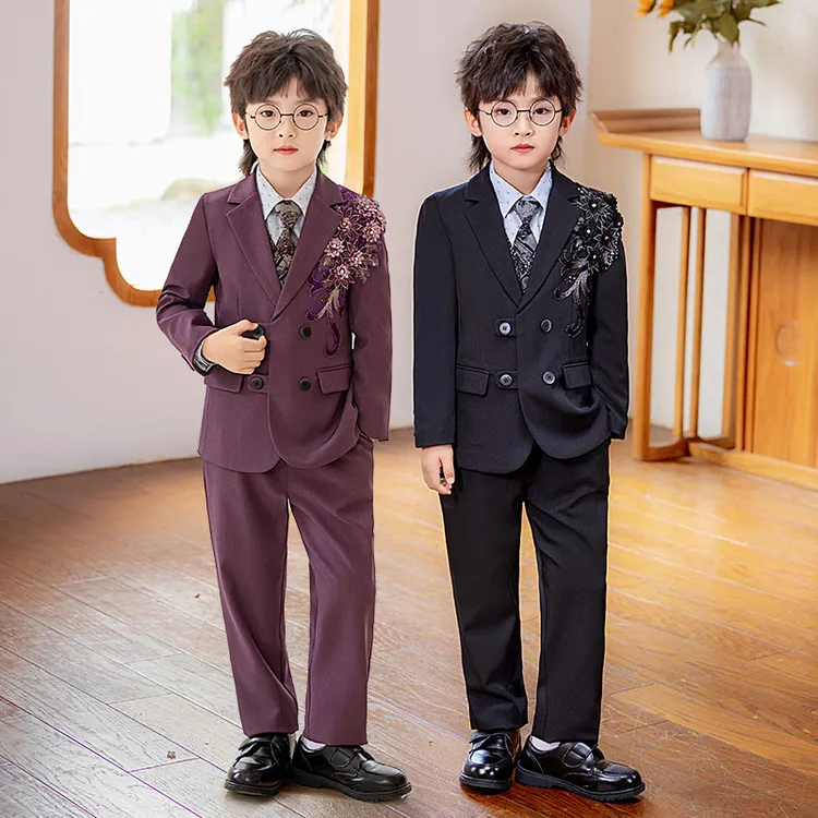 男童西装套装花童周岁礼服男孩主持钢琴演出服绣花西服外套