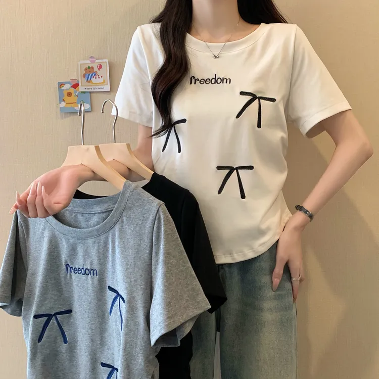 2025年大码女装新款圆领蝴蝶结刺绣短袖修身T恤上衣财阀千金女装