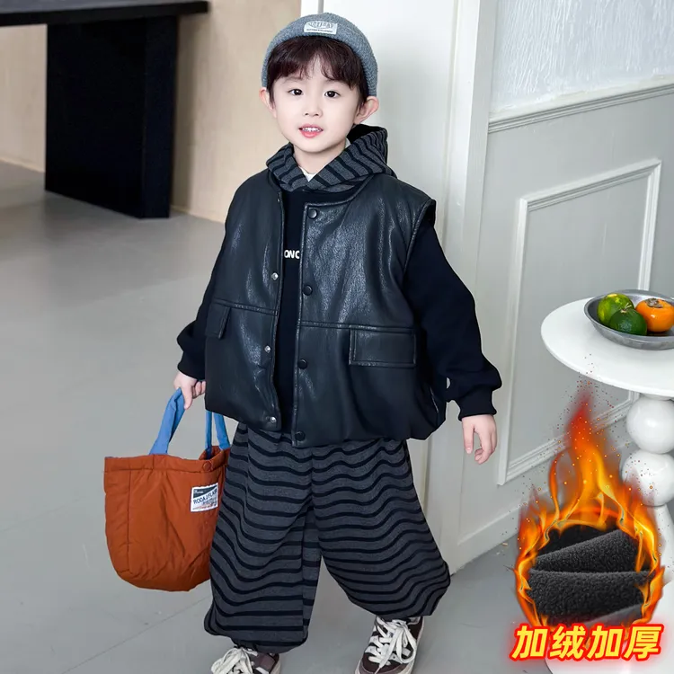 男童加绒马甲三件套儿童冬季套装2025新款男宝宝冬装加厚保暖衣服