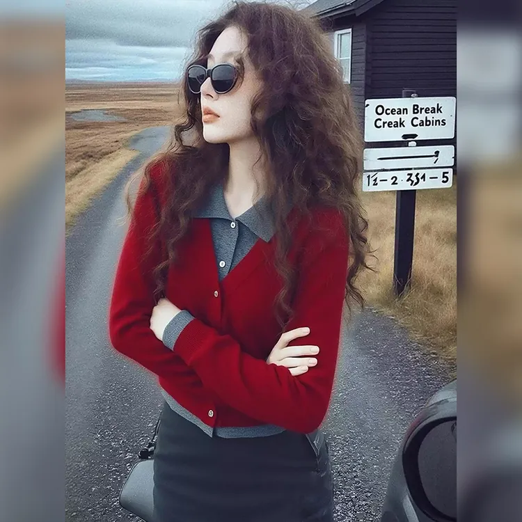 欧货高端大牌撞色假两件新年红针织衫长袖红色上衣女2025秋冬季