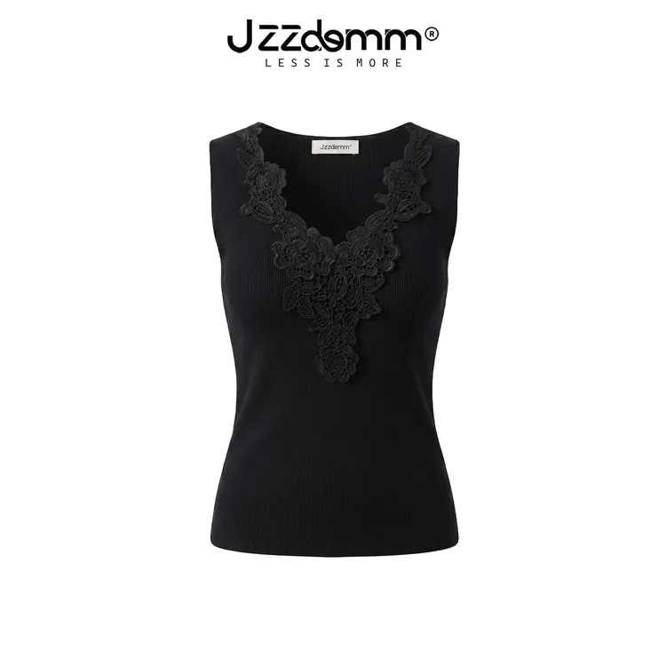 九州诚品/JZZDEMM法式蕾丝拼接V领针织背心女无袖设计感修身上衣