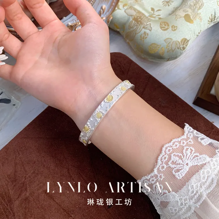 足银手镯 琳珑银工坊描金足银999.9手镯太阳花轻奢足银999手镯