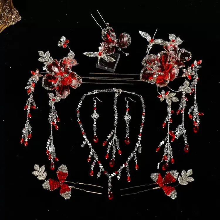 G351新款新娘中式秀禾头饰红银色步摇发簪秀禾服龙凤褂配饰高级感