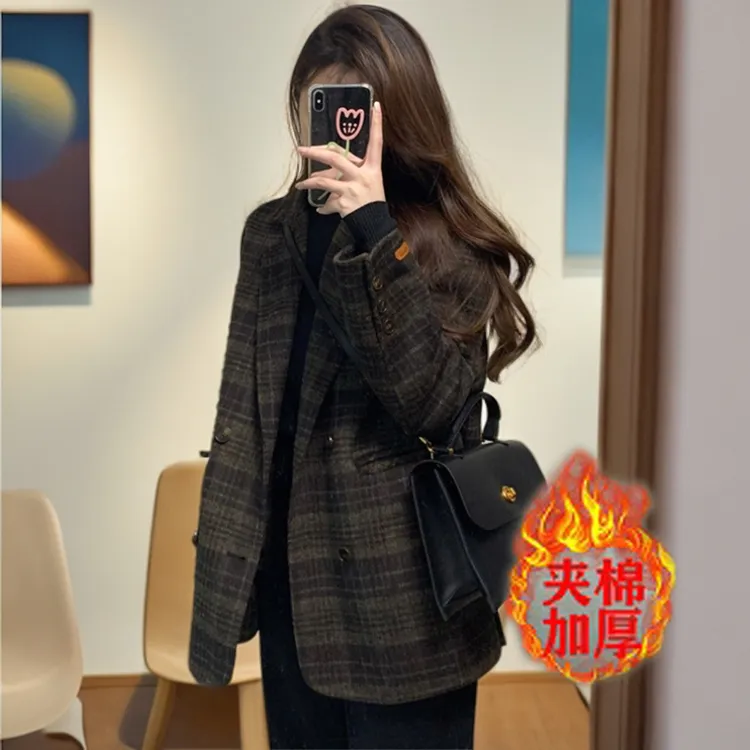 女款小香风毛呢秋冬女士格子大衣加厚爆款高质量冬季羊毛西装外套