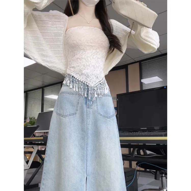MARIE.COCO法式流苏蕾丝抹胸背心女外穿蝙蝠衫高腰开叉牛仔裙套装