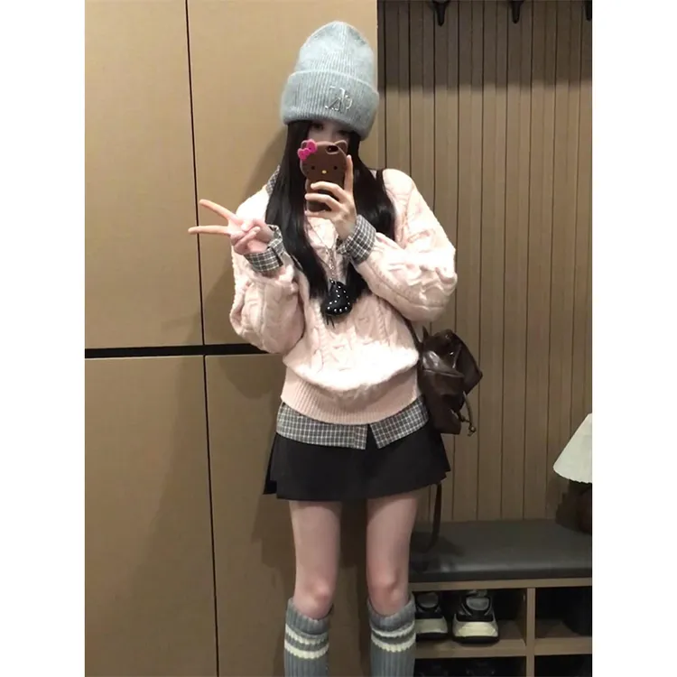 parkyeon秋冬新款韩系针织衫毛衣叠穿格纹衬衫上衣女休闲裤裙套装