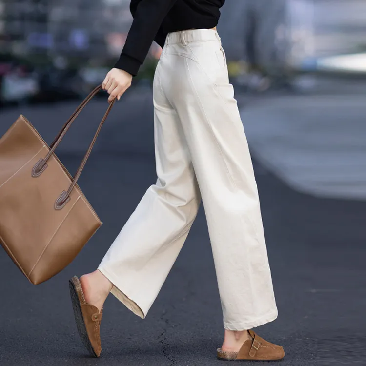 高腰加绒阔腿裤爆款2025新款秋冬杏色休闲裤女小个子九分裤弯刀裤