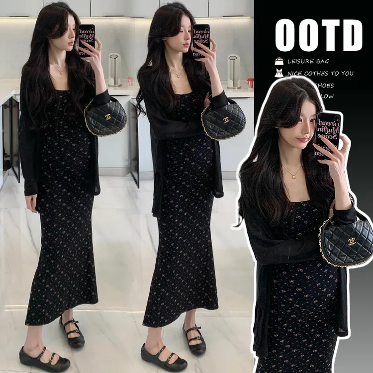 时尚孕妈早春夏简约外出套装弹力碎花吊带裙+黑色防晒开衫套装