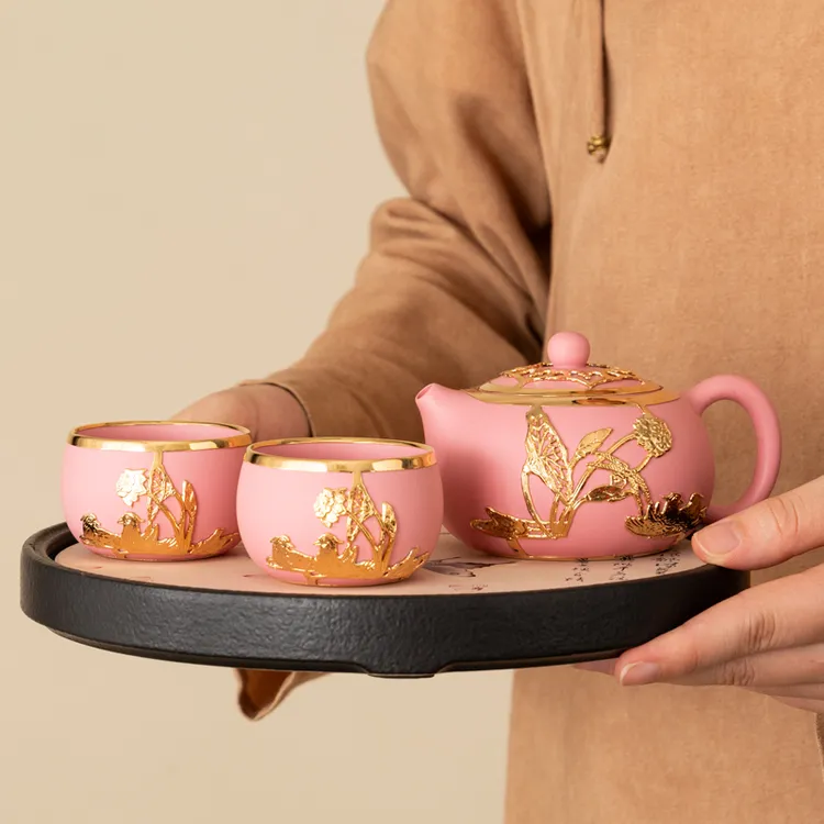 联谊金镶玉锡镶高档茶具粉紫砂一茶壶两杯女性轻奢高端茶器礼盒装