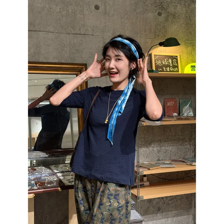 浪清LANGQING【深汐】夏季宽松七分袖简约百搭纯棉圆领T恤女49143#