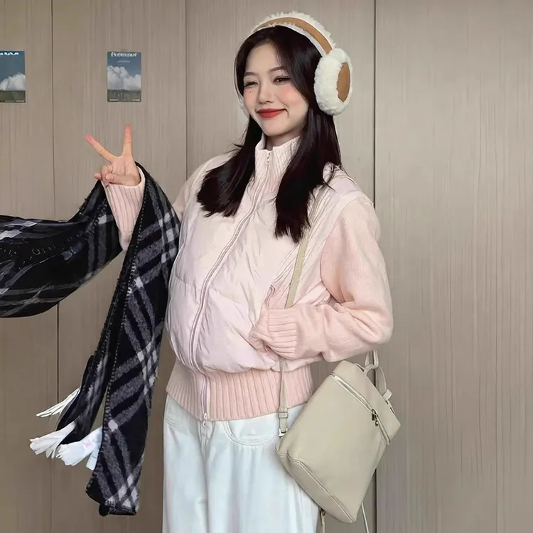 粉色针织拼接短款棉服女秋冬季百搭棉衣外套设计感立领上衣#WY282