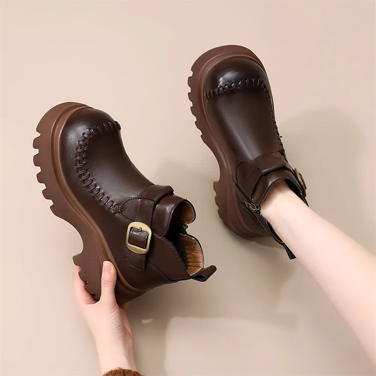 新款秋冬2025厚底勃肯马丁靴皮面棕色时尚加绒加厚增高轻便显瘦靴