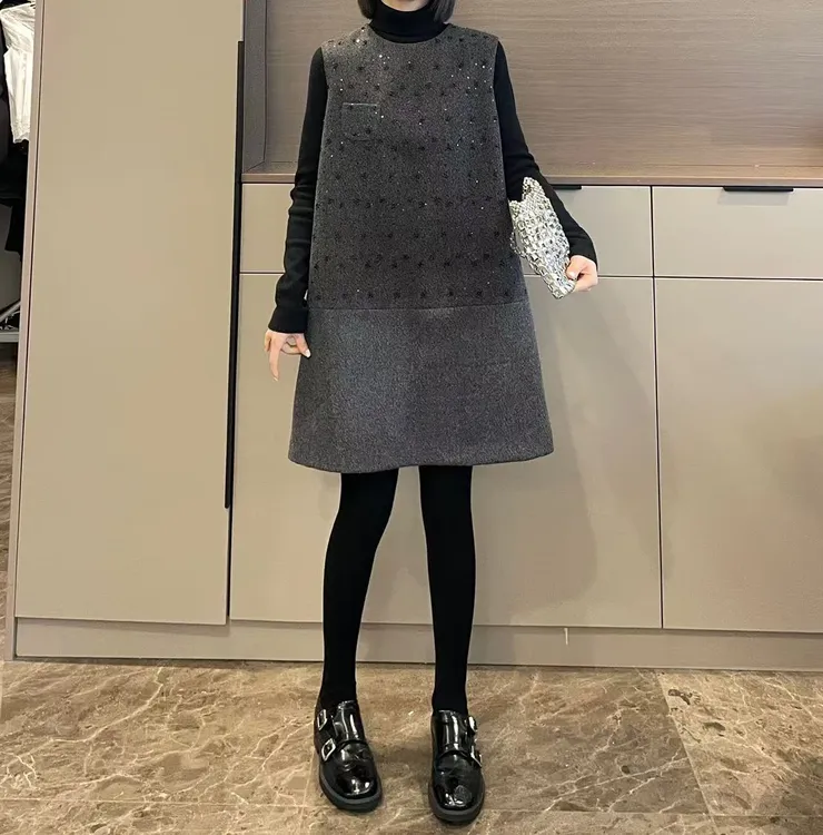 米可/MK-3373LJ【巨好看钉珠亮片呢子连衣裙】时尚冬季新款连衣裙