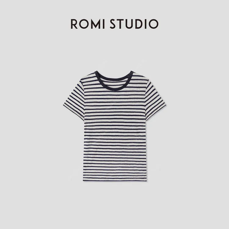 ROMI STUDIO经典复古进口亚麻混纺休闲条纹圆领短袖T恤RWCSSG2896