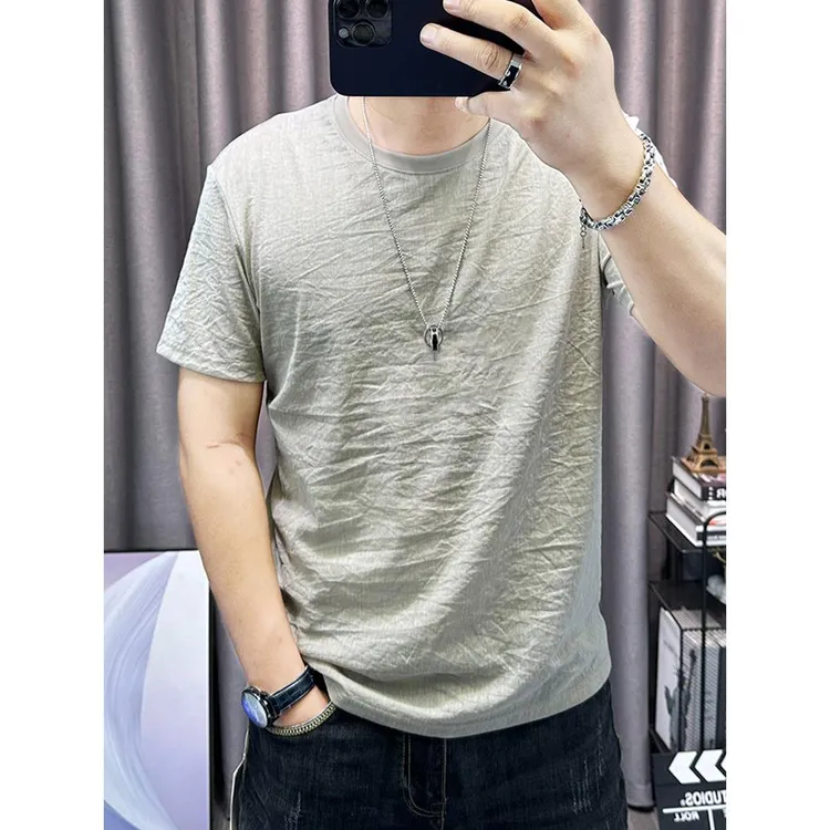 2025夏季新款棉麻男士短袖t恤修身简约圆领上衣薄款半袖麻料体恤