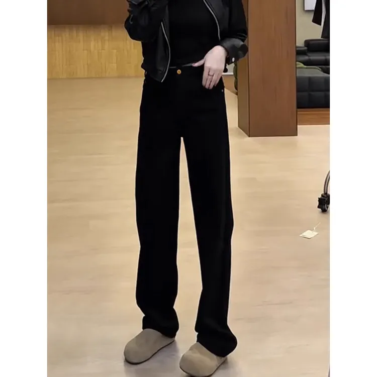 黑色弹力加绒窄版直筒牛仔裤女秋冬梨形身材大码高腰修身显瘦长裤