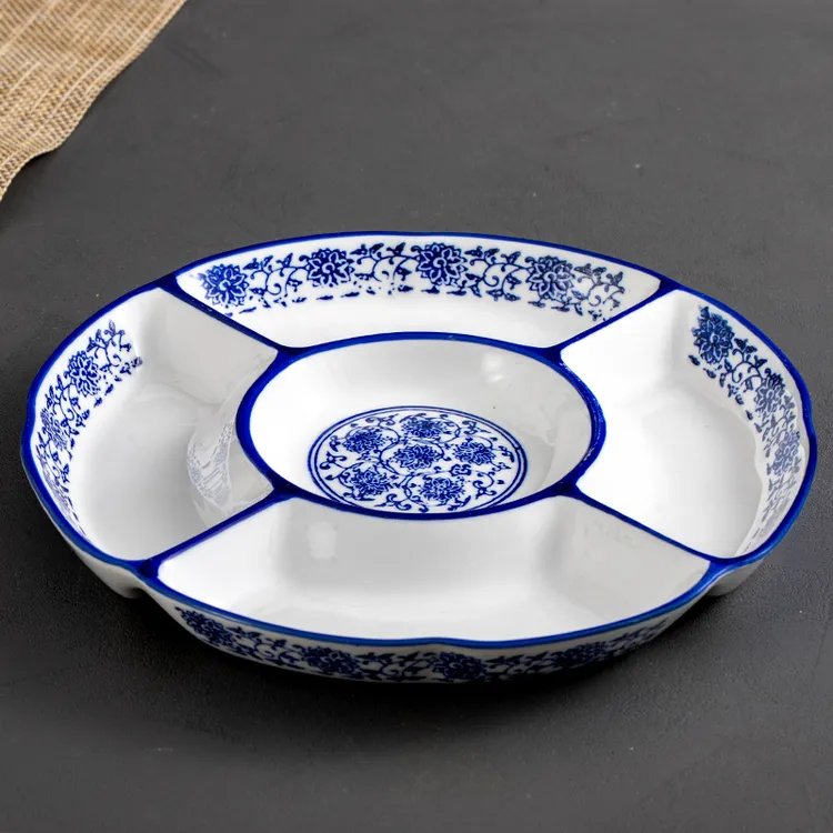 拼盘分格盘子青花瓷五格盘陶瓷商用卤水熟食凉菜餐盘水果干果碟子