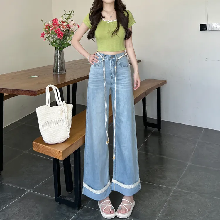 浅蓝色高腰直筒牛仔裤女薄款2025年夏季新款设计感九分小个子