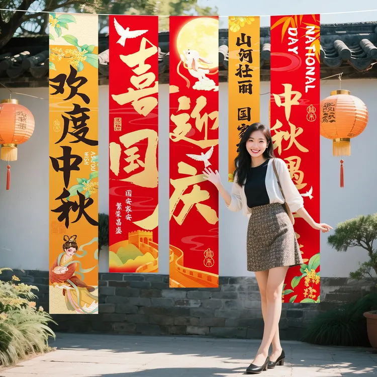 中秋国庆节氛围布置装饰场景灯笼门店铺活动主题拍照道具条幅挂布