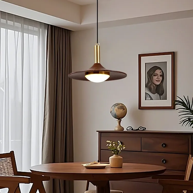 中古餐厅吊灯复古胡桃木色飞碟灯简约创意吧台灯新中式岛台餐桌灯
