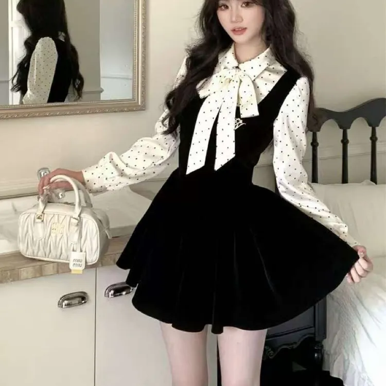 大码胖mm富家千金连衣裙高级感小香风波点假两件收腰小黑裙