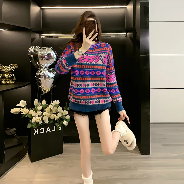 秋冬新款高品质法式圆领宽松版提花针织衫毛衣外套女减龄显瘦气质