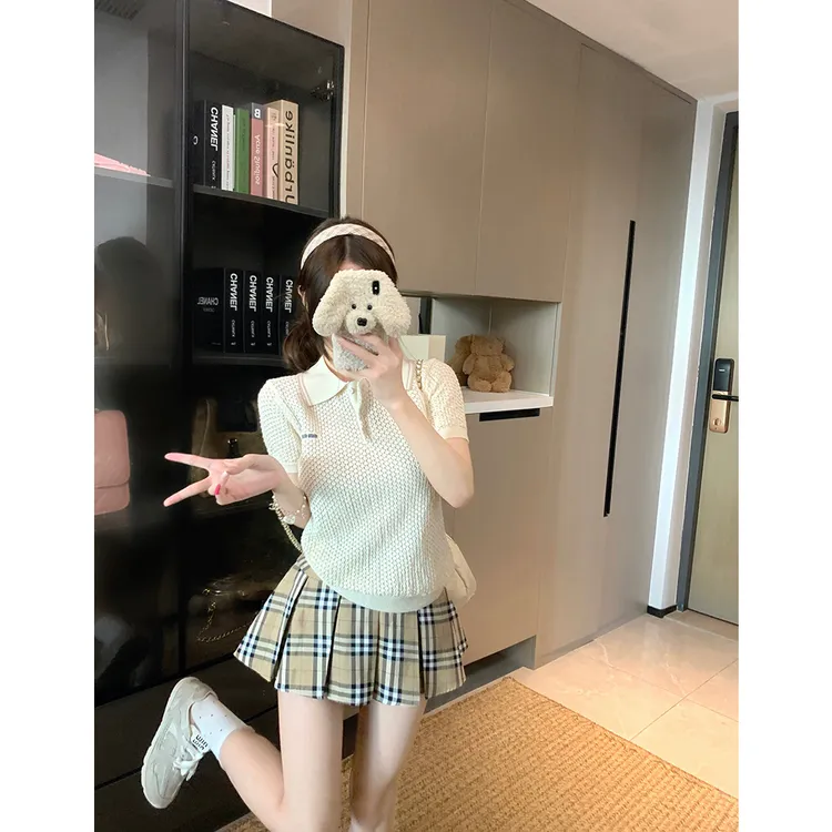 设计感镂空T恤女夏季薄款短袖Polo领针织衫复古纯欲风小个子上衣