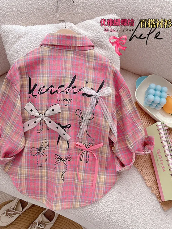 女童长袖衬衫韩版纯棉时尚格子女童2025春秋新款春装格子衬衫童装