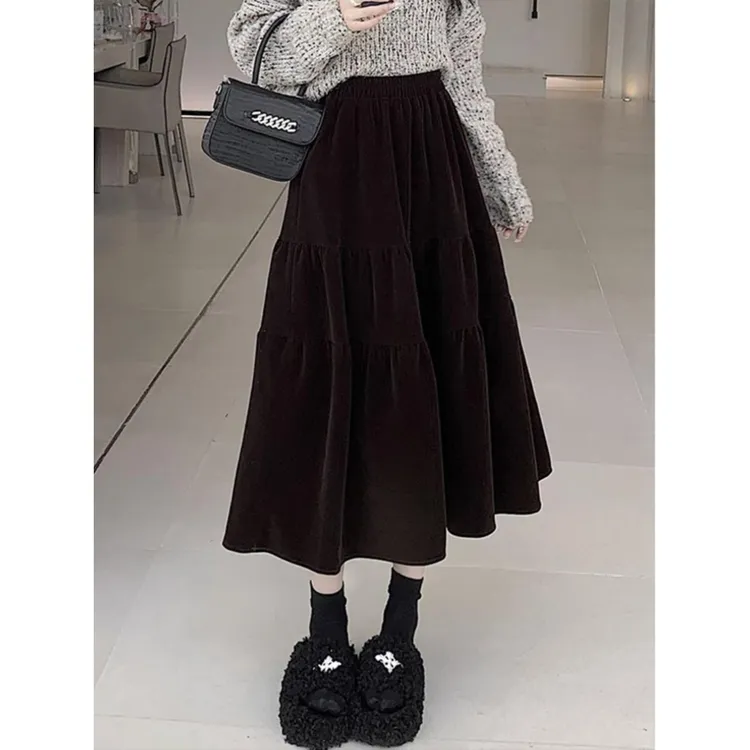 特大码300斤胖MM丝绒半身裙女秋冬季宽松遮肉显瘦高腰A字中长裙子