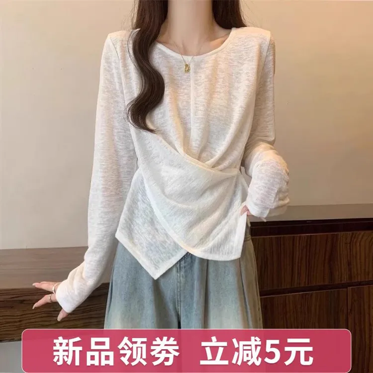 薄款竹节棉正肩长袖T恤女2025春新款大码胖mm卡腰小衫不规则上衣