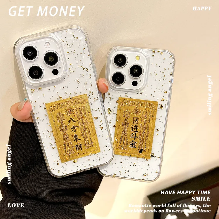 适用iPhone16promax日进斗金金箔滴胶手机壳苹果15透明防摔保护套