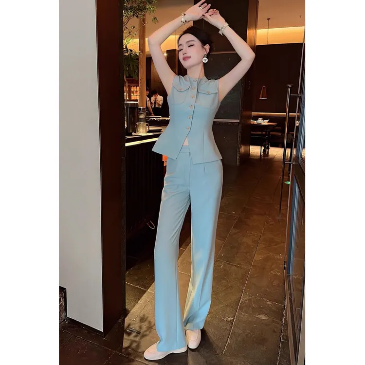 明星同款上衣气质套装女夏季高级感修身西装马甲直筒阔腿裤两件套