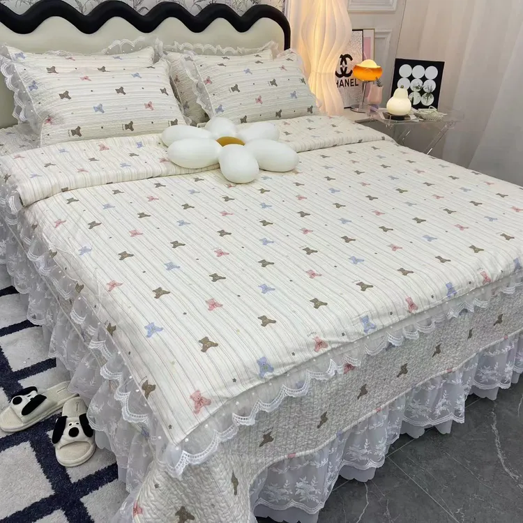 100%纯棉材质全棉床盖雪纺蕾丝款纯棉床盖三件套四件套韩版荷叶边