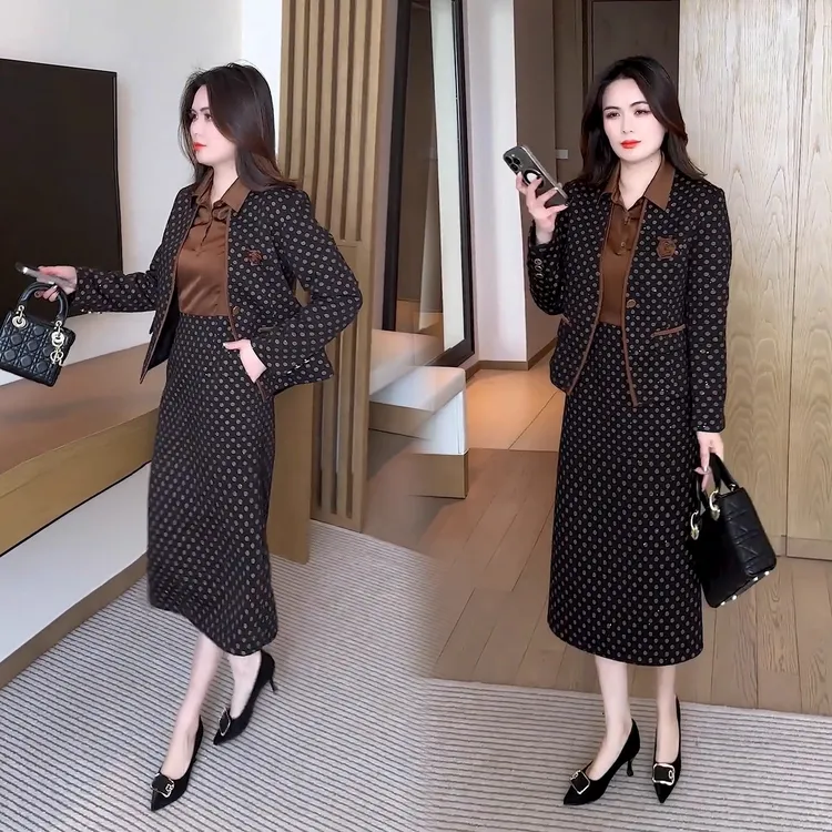 时尚气质连衣裙套装女2025秋新款高级感波点外套包臀衬衣裙两件套