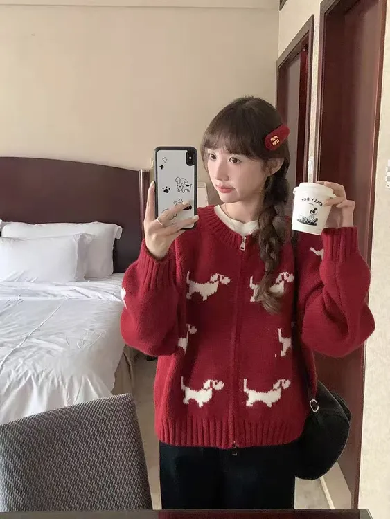秋冬百搭简约卡通减龄小狗提花韩系宽松显瘦系扣毛衣开衫女外套