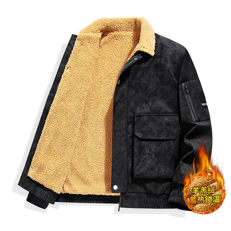 稻草人2025秋冬季男士翻领羊羔绒加厚加绒复古麂皮绒户外工装夹克