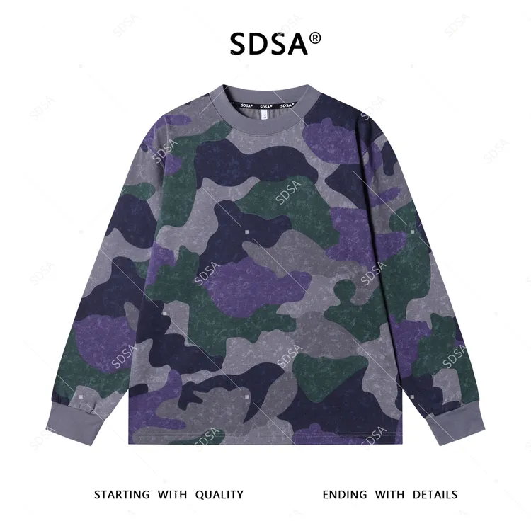 SDSA男士秋冬新款轻奢痞帅男装撞色迷彩圆领长袖T恤潮流复古时尚