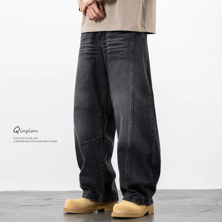 黑色牛仔裤男直筒宽松阔腿垂感大码设计感小众百搭弯刀裤秋季新款