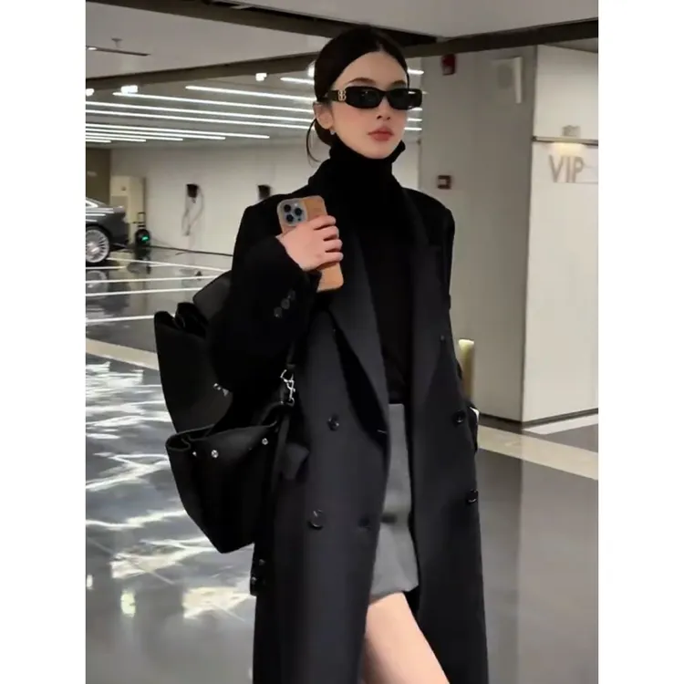 赫本风黑色双面大衣女2025秋冬季新款高级感气质羊毛呢子外套